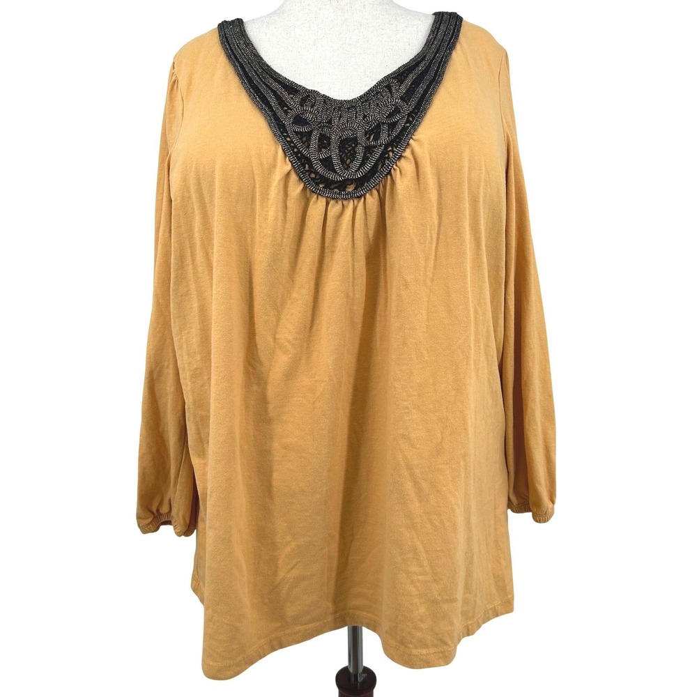 Denim 24/7 Tunic Top Womens 2X Mustard Yellow Metallic Crochet‎ Bib Boho Tunic